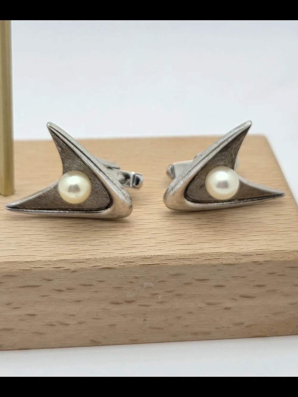 Vintage Sterling Silver Pearl Atomic Age Boomerang Cufflinks MCM